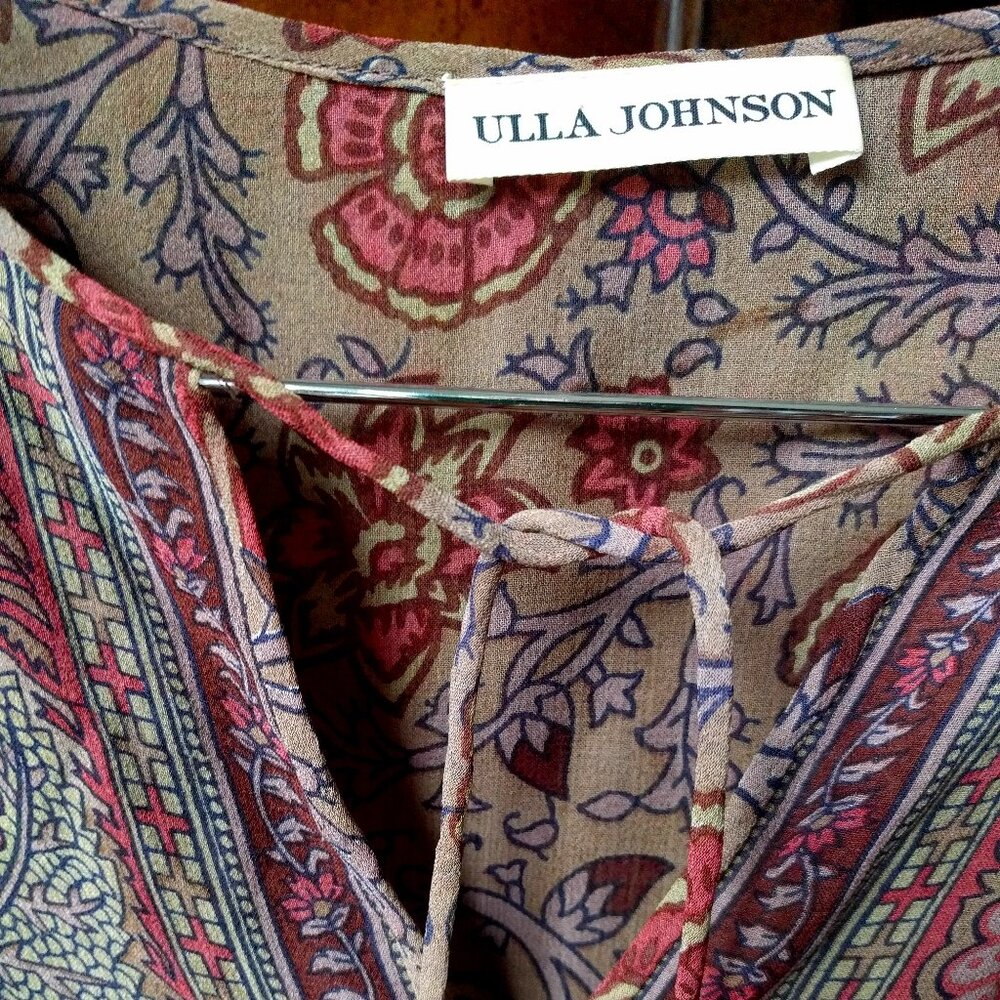 Ulla Johnson Tan Paisley Tie-Neck Blouse with Red and Blue Motifs